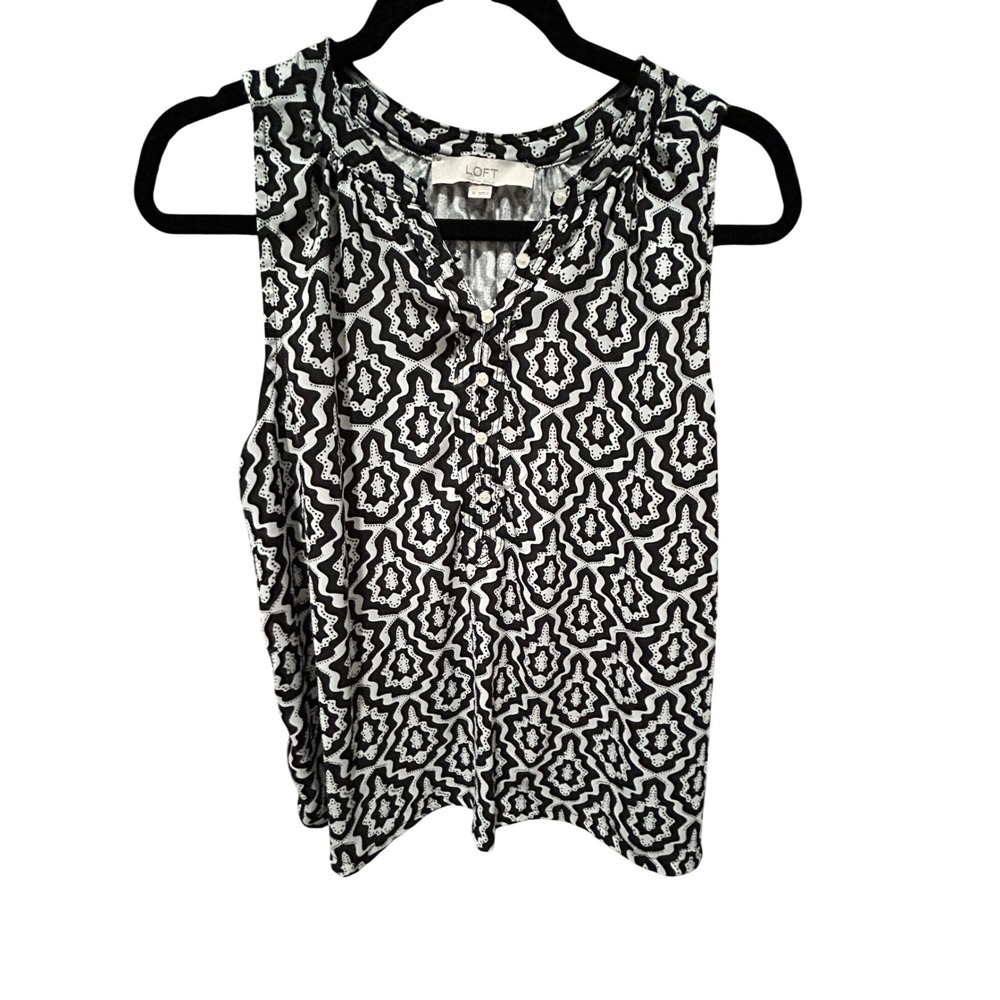 LOFT Womens Black White Geometric Ikat‎ Sleeveless Henley Blouse Size M